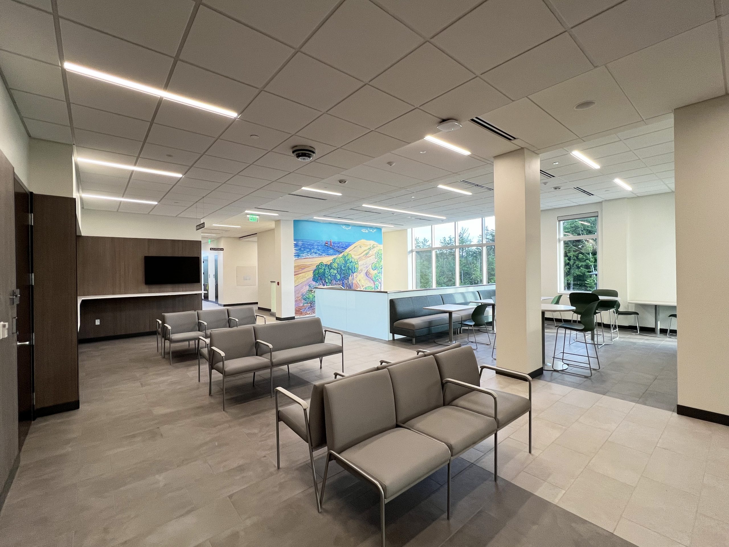 Lobby with a painting of Lake Michigan in the background